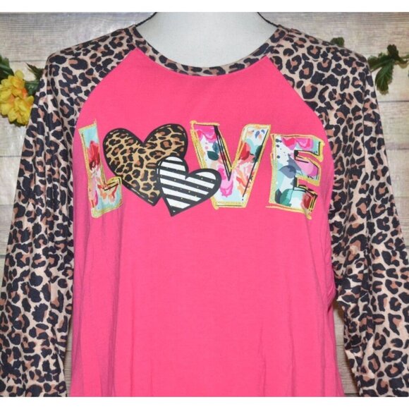 Southern Stitch Pink Raglan Cheetah Print Sleeve Top T-Shirt LOVE Graphic Size L - Picture 2 of 9